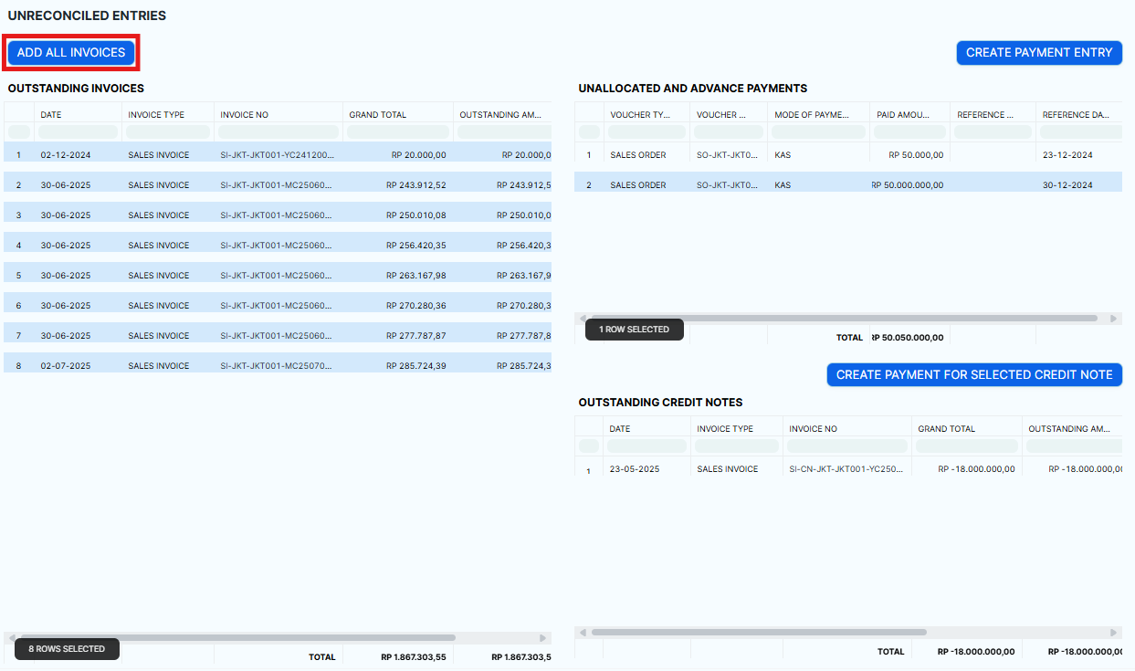 payment matching button add all invoices